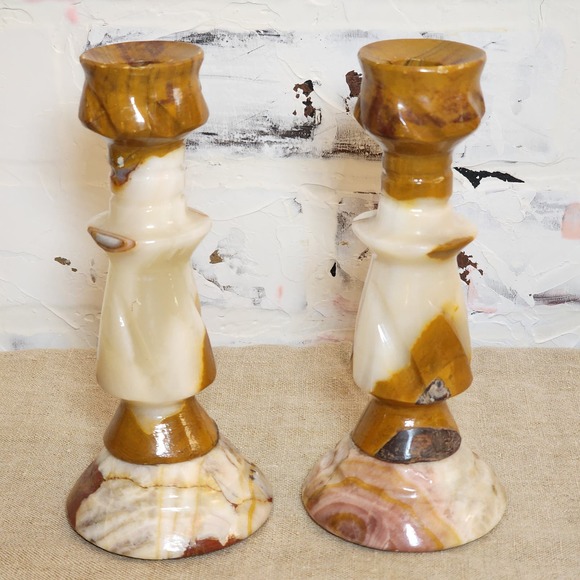 Vintage Marble Candle Holders Brown-Cream-White Made in Mexico Set/2 - 6.5" Tall - Picture 4 of 8